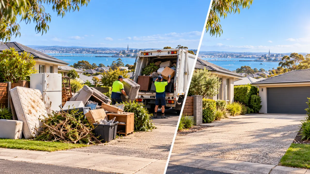 Hard rubbish pile before and after collection from a Geelong driveway, loaded by a removal truck