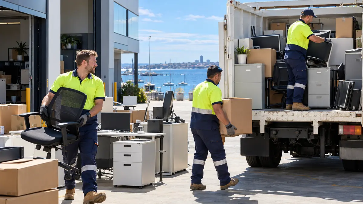 Rubbish removal crew carrying office chairs, boxes and monitors onto a truck behind a commercial building near the Geelong waterfront