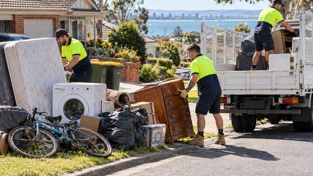 Crew loading a kerbside pile of a mattress, washing machine, chest of drawers and bike onto a truck in a Bellarine Peninsula street, with bay views behind