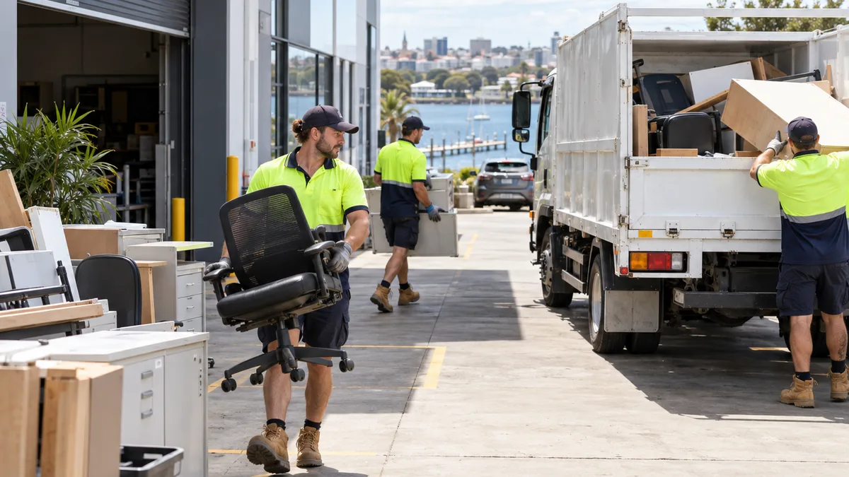 Rubbish collection crew carrying office fitout debris out of a warehouse building near the central Geelong waterfront, with the truck loaded behind