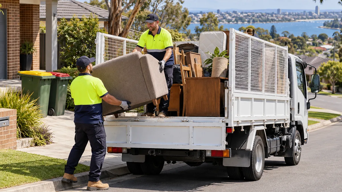 Rubbish collection crew carrying a lounge and sideboard to the truck outside a brick Geelong home, wheelie bins at the kerb and the bay behind