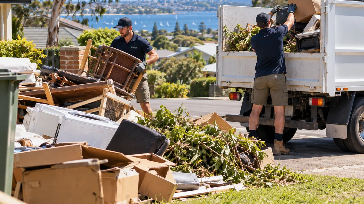 Crew loading a kerbside hard rubbish pile into the truck near South Geelong, with the bay and marina behind