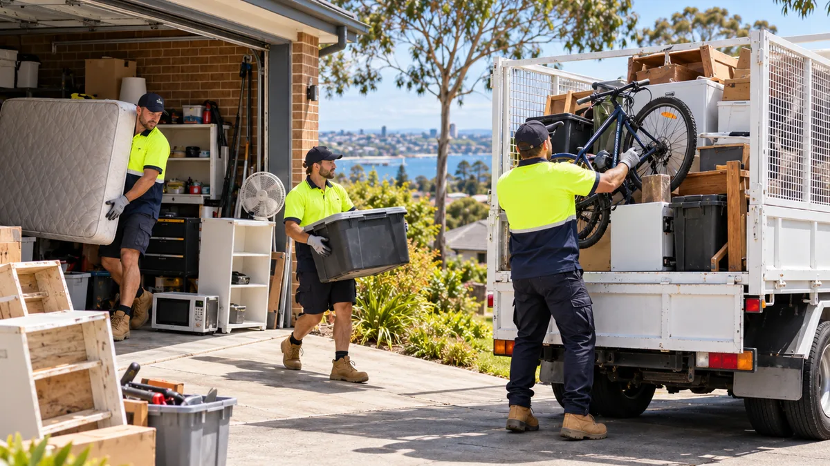 Crew clearing out a West Geelong garage — mattress, bike and storage boxes going onto the truck, with town and bay views behind